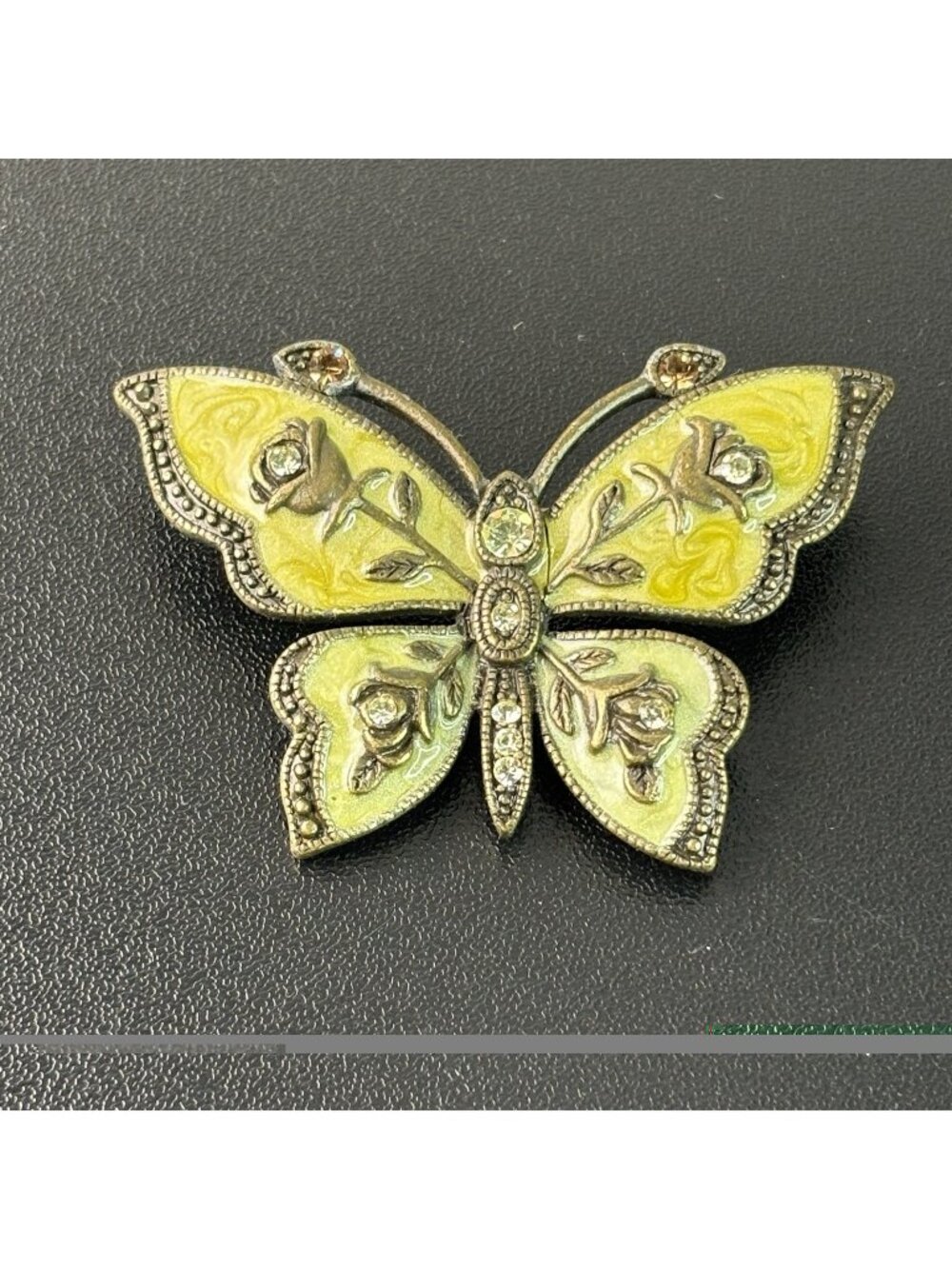 Green Emerald Color Butterfly Brooch Pin w/ Rose Wings Gems Stones 2 3/8" Wide